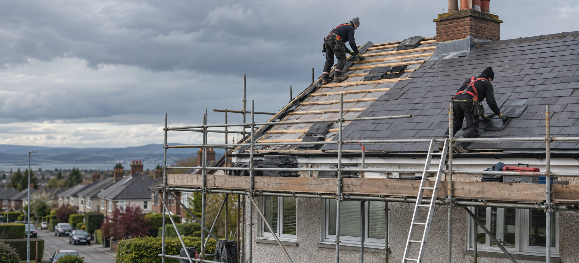 Professional roofers completing a full slate re-roof on a Northern Ireland home